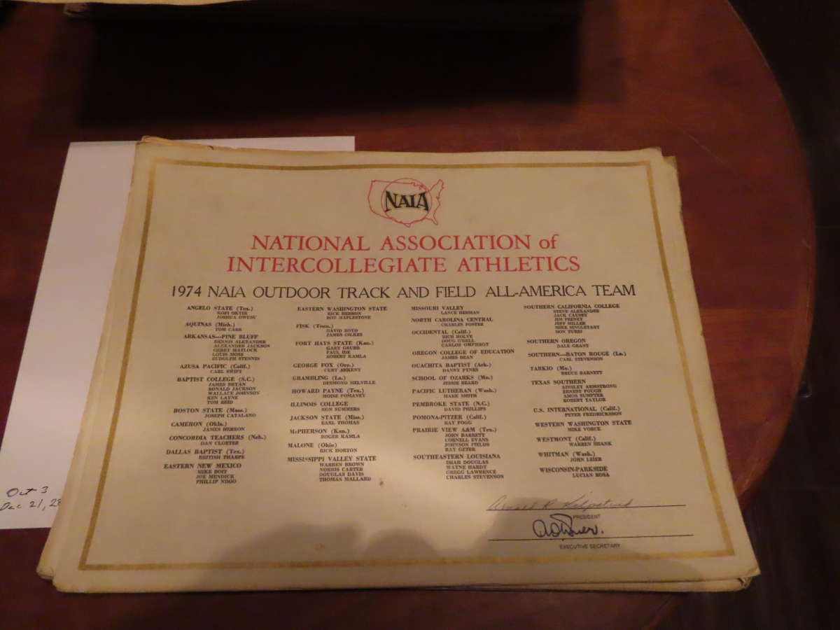 NAIA 1974 All America Track & Field Team Certificate 