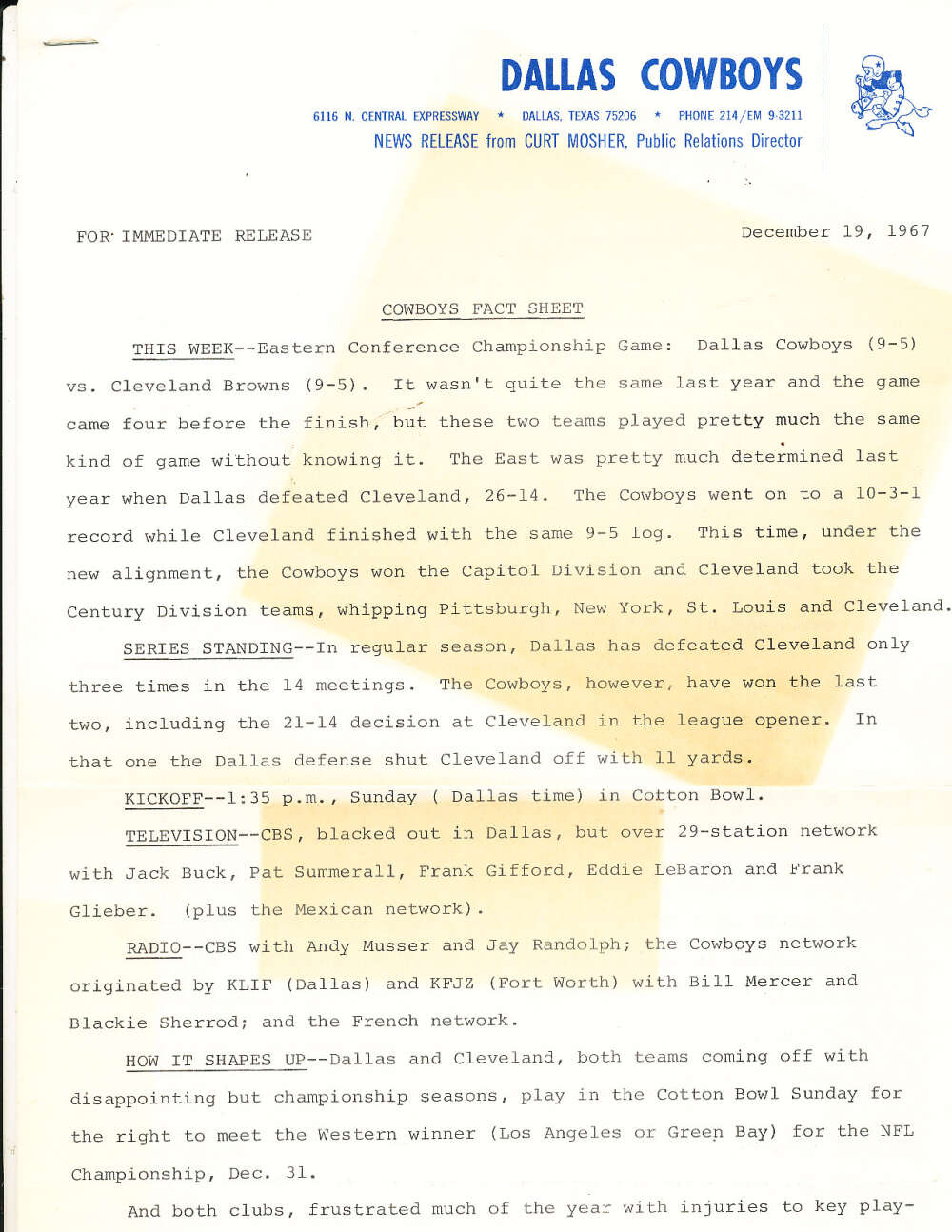 12/19 1967 Dalls Cowboys press release bx1