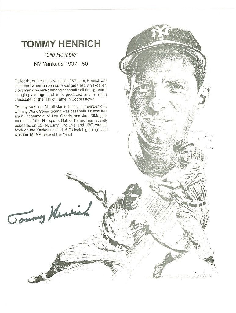 Baseball Sketch Tommy Henrich Yankees 8x10 signed